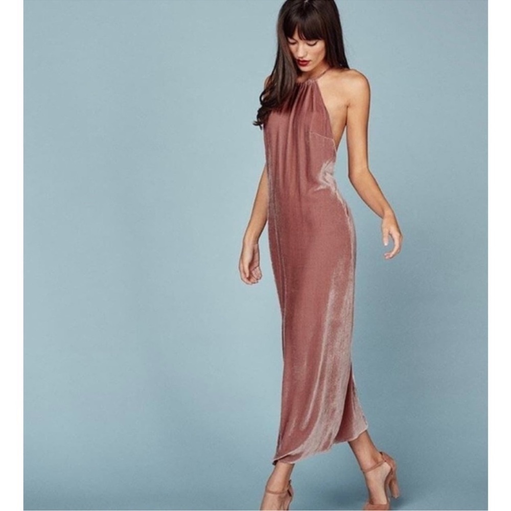 Reformation Irving velvet dress Women’s Size 0 Midi Maxi Pink Open Back B20